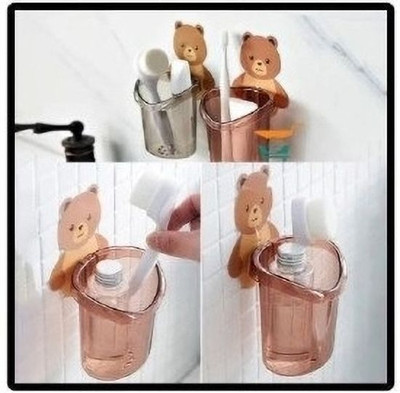 Shreejee Pack of 2 Self Adhesive Wall Mount Teddy Bear Multipurpose Holder x2.1685 Acrylic Toothbrush Holder(Wall Mount)