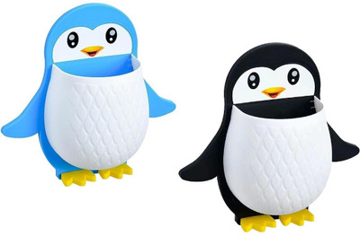 PERIZONE Pack Of 2 Penguin Design Toothpaste Holder case , Self Adhesive Wall Mount Plastic Toothbrush Holder(Blue, Black, Wall Mount)