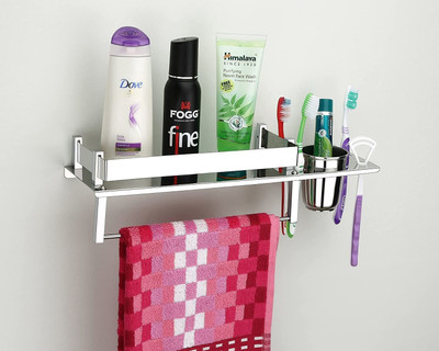 Pillu High Grade Stainless Steel 3 in 1 Multipurpose Bathroom Shelf/Rack/Towel Hanger/Tumbler Holder/Bathroom Accessories Stainless Steel Toothbrush Holder(Steel, Wall Mount)