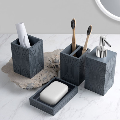 Plantex Bathroom Accessories Set Soap Dispenser/Toothbrush Holder/Soap Dish - 4 Piece Stoneware Toothbrush Holder(Grey)