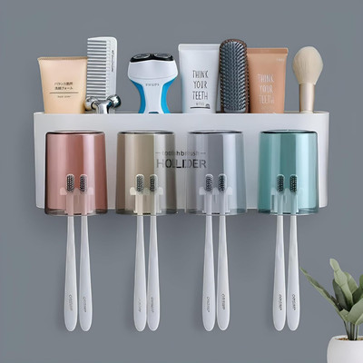 ALWAFLI 4-Cup Tooth Brushes Organizer Stand with Storage Rack`Durable & Space-Saving Plastic Toothbrush Holder(Multicolor, Wall Mount)