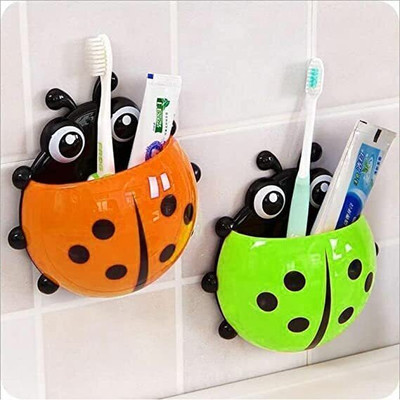 Thaldi Enterprises Ladybug Wall Mount Toothbrush/Pen/Mobile Stand/ Bathroom organiser Pack Of 2 Plastic Toothbrush Holder(Multicolor, Wall Mount)