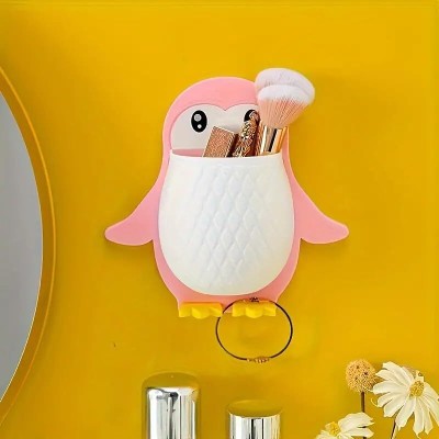 kayru Wall Mounted Penguin Design Toothpaste Holder, Remote and Mobile Stand Plastic Toothbrush Holder(Pink, Wall Mount)