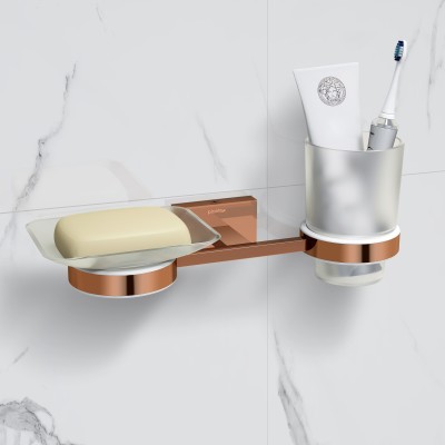 Plantex Benz 304 Grade Stainless Steel 2in1 Soap Dish with Tumbler Holder (Rose Gold) Stainless Steel Toothbrush Holder(Wall Mount)