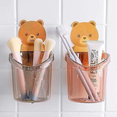 Fitaza Teddy Bear Toothbrush Holder Wall-Mounted Plastic Toothbrush Holder(Multicolor, Wall Mount)