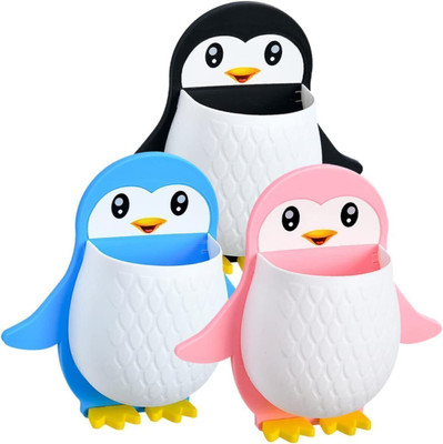 satkabirandco Penguin Holder for Bathroom Kids Room Plastic Brush Toothpaste Pen Pencil Holder Plastic Toothbrush Holder(Blue, Black, Pink, Wall Mount)