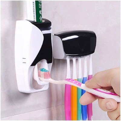 FIVANIO Toothbrush Holder with Cover Automatic Toothpaste Dispenser Set Dustproof Plastic Toothbrush Holder(Multicolor, Wall Mount)