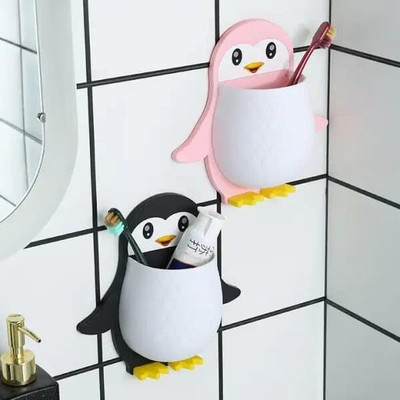 ARANKA Wall Mounted Self Adhesive Penguin Toothpaste Toothbrush Holder Stand Pack OF 2 Plastic Toothbrush Holder(Multicolor, Wall Mount)
