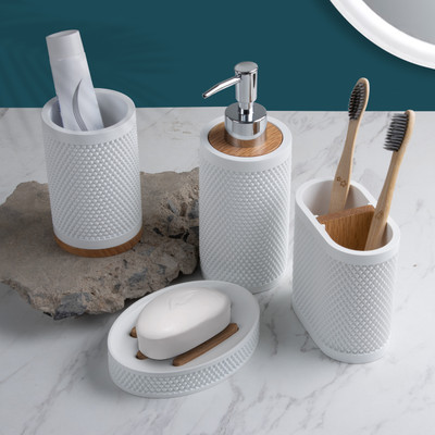 Plantex Bathroom Accessories Set Soap Dispenser/Toothbrush Holder/Soap Dish - 4 Piece Stoneware, Wooden Toothbrush Holder(White)