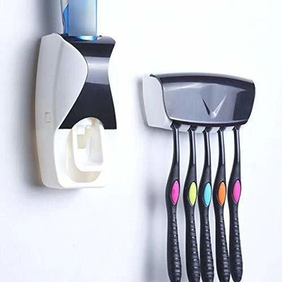 FIVANIO Wall Mounted with Covered Storage Stand Automatic Toothpaste Dispenser Plastic Toothbrush Holder(Multicolor, Wall Mount)