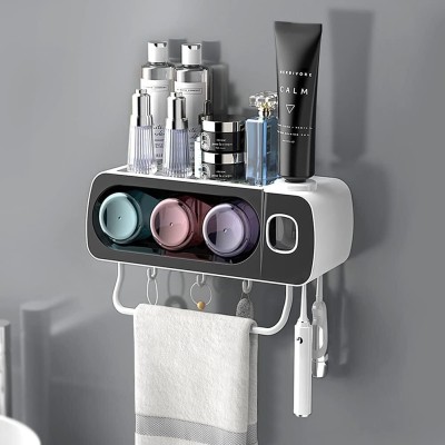 SHOP N BUY Toothpaste Dispenser Wall Mounted for Bathroom and Vanity 5 Brush Slots 3 Cups Plastic Toothbrush Holder(Multicolor, Wall Mount)