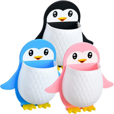 Bowoze Toothbrush Holder Storage Organizer for Bathroom Wall Mounted Penguin Shape Plastic Toothbrush Holder(Multicolor, Wall Mount)