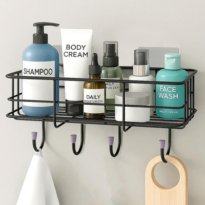 GLOXY Self Adhesive Multipurpose Bathroom Shelf in Black | Wall Rack with Hooks Stainless Steel Toilet Paper Holder