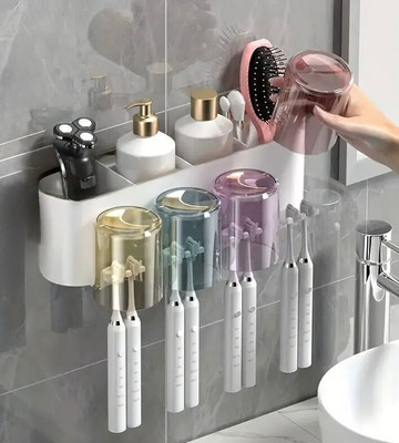 Rudrisha Wall Mounted Toothbrush Holder with 4 Transparent Dustproof Cups Plastic Toothbrush Holder(White, Wall Mount)