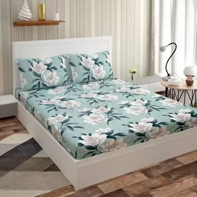 TripleV Microfiber King Fitted (Elastic) 220 TC Floral Bedsheet(Pack of 1, Light Green Big Flower)
