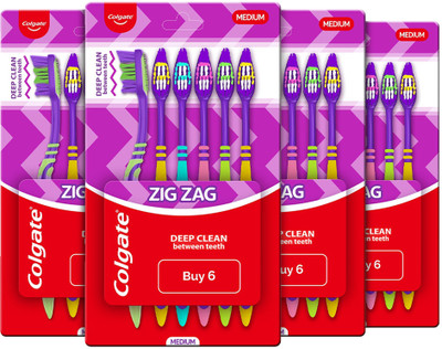 Colgate ZigZag Medium Bristle Toothbrush Compact Brush Head for Deep Cleansing (6pc x 4) Medium Toothbrush(Pack of 24)