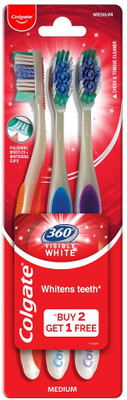 Colgate 360 Visible White Toothbrush - 3Pcs (Buy 2 Get 1) Soft Toothbrush(Pack of 3)