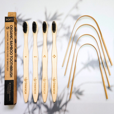 Greenarys Combo Family Bamboo Charcoal Toothbrush Adults (4) + Bamboo Tongue Cleaners (4) Ultra Soft Toothbrush(Pack of 4)