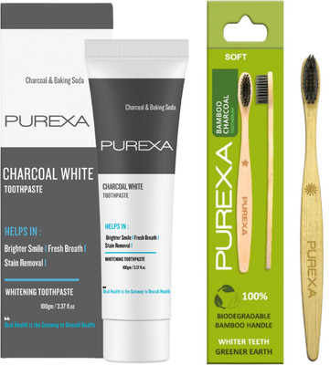 PUREXA Baking Soda and Charcoal White Toothpaste with Bamboo Soft Toothbrush(Pack of 2)