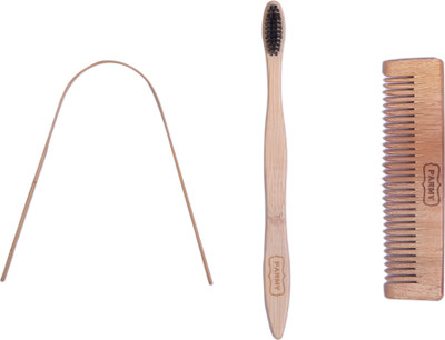 Parmy Neem wood pocket hair comb and Bamboo toothbrush and tongue cleaner Soft Toothbrush(Pack of 3)