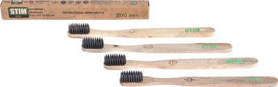 STIM ECO Charcoal Toothbrush | Charcoal Infused Bristles | Anti-Microbial Neem Handle Soft Toothbrush(Pack of 4)