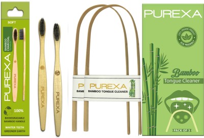 PUREXA Bamboo Charcoal Toothbrush With Bamboo Tongue Cleaner Extra Soft Toothbrush(Pack of 4)