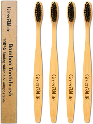 GreenLife Bamboo Charcoal Toothbrush Natural Wooden ECO Friendly Toothbrush with Soft Medium Bristles (Pack of 4) Medium Toothbrush(Pack of 4)