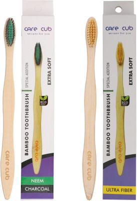 CARE CUB Neem Charcoal & Yellow Bamboo Toothbrush with Charcoal Activated Soft Bristles Extra Soft Toothbrush(Pack of 2)