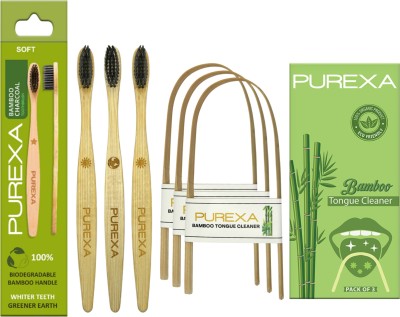 PUREXA Bamboo Charcoal Toothbrush With Bamboo Tongue Cleaner Extra Soft Toothbrush(Pack of 6)