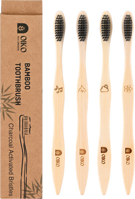 OIKO Bamboo Toothbrush with Charcoal Activated Soft Bristles Soft Toothbrush(Pack of 4)