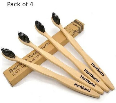 Haritkarni 4 piece Bamboo Toothbrush with Charcoal Activated Soft Bristles – Long Handel Extra Soft Toothbrush(Pack of 4)