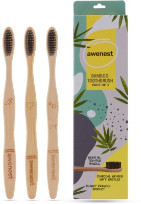 awenest Bamboo with Charcoal Activated Bristles| Treated with Neem Oil | Extra Soft Toothbrush(Pack of 3)