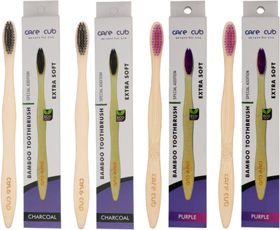 CARE CUB Black & Purple Bamboo Toothbrush with Charcoal Activated Soft Bristles BPA Free Extra Soft Toothbrush(Pack of 4)