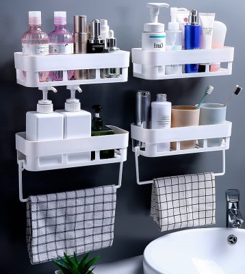 OFOY 4 Multipurpose Kitchen Bathroom Wall Shelf Holder With 2 Towel Hanger pack of 6 Plastic Toothbrush Holder(White)