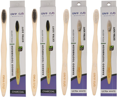 CARE CUB Black & White Bamboo Toothbrush with Charcoal Activated Soft Bristles BPA Free Extra Soft Toothbrush(Pack of 4)