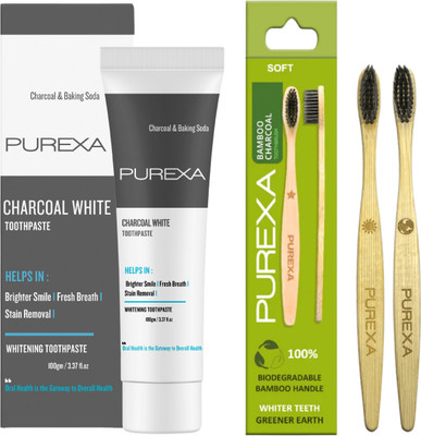 PUREXA Baking Soda and Charcoal White Toothpaste with Bamboo Soft Toothbrush(Pack of 3)
