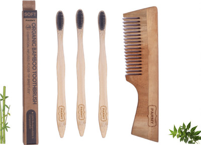 Parmy Bamboo Wood 3 Toothbrush Combo With 1 Handle 04 Soft Toothbrush(Pack of 4)