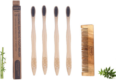 Parmy Bamboo Wood 4 Toothbrush Combo With 1 pocket Hair Soft Toothbrush(Pack of 5)