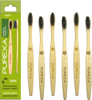 PUREXA Bamboo Toothbrush with charcoal infused soft bristles. natural & compostable Soft Toothbrush(Pack of 6)