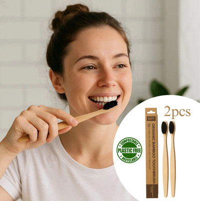 krurotza 2 bamboo toothbrush with charcoal activated – long handel Extra Soft Toothbrush(Pack of 2)