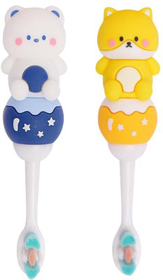 Gomzy Kids Toothbrush -Teddy Shape Design Soft Tooth Brush pack of 2 yellow blue Extra Soft Toothbrush(Pack of 2)