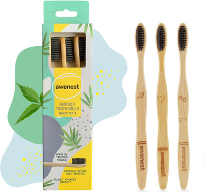 awenest Bamboo with Charcoal Activated Bristles| Treated with Neem Oil | Extra Soft Toothbrush(Pack of 3)