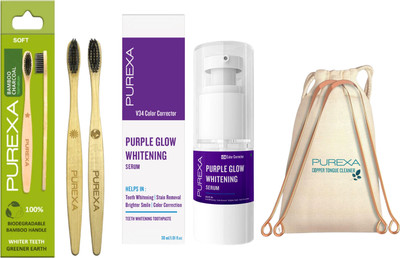 PUREXA Bamboo Toothbrush (Pack 2)|Copper Tongue Cleaner| Purple Whitening Serum Toothpaste(30 ml, Pack of 4)