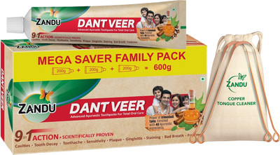 Zandu Oral Care Combo: Dantveer Toothpaste + Copper Tongue Cleaner (Pack of 2) Toothpaste(600 g, Pack of 3)