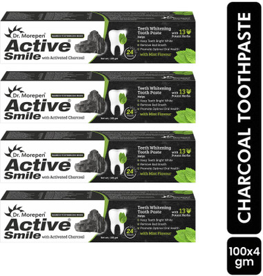 Dr. Morepen Activated Charcoal Teeth Whitening Toothpaste - Destroys Bad Breath - Best Natural Black Tooth Paste Kit - Mint Flavor - Herbal Decay Treatment - Removes Coffee Stains, Pack of 4 Toothpaste(400 g, Pack of 4)