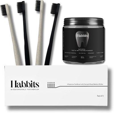 Habbits Teeth Whitening Powder & 4 Wheat-Straw Toothbrush Teeth Whitening Kit