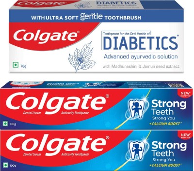 Colgate Strong Teeth 100gx2 & Diabetics 70g Toothpastewith Ultra Soft Gentle Toothbrush Toothpaste  (270, Pack of 3)