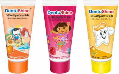 Dentoshine Gel Toothpaste for Kids - Pack of 3 Flavors (Orange, Raspberry & Mango) Toothpaste