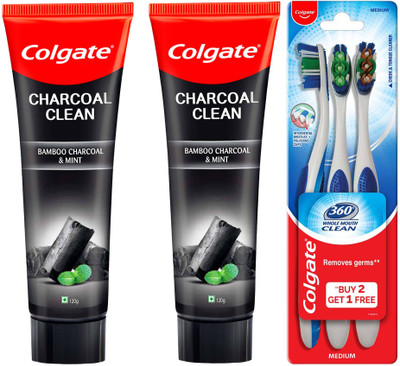 Colgate Charcoal Clean Toothpaste with 360 Whole Mouth Clean Soft Bristle Toothbrush Toothpaste(240 g, Pack of 2)