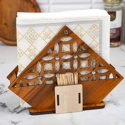 RiotLane 2 Compartments MDF Tissue Napkins Holder Stand with Toothpick Holder(Brown)